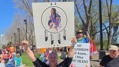 An indigenous counter-protester at an Alberta independence rally at the Alberta Legislature in May, 2025