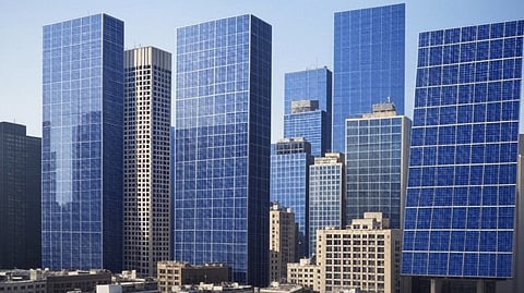 An AI image of the Calgary skyline with buildings comprised of five million solar panels, a similar amount before the Alberta Utilities Commission