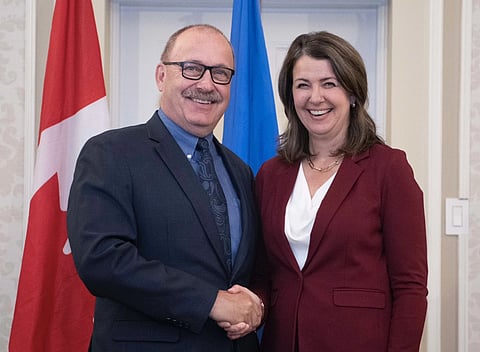 Speaker of the Alberta Legislature MLA Ric McIver and Premier Danielle Smith