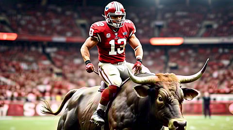 AI rendering of a Calgary Stampeder riding a bull