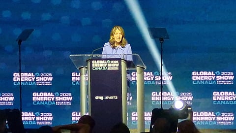 Premier Danielle Smith delivers the keynote address at the Global Energy Show in Calgary