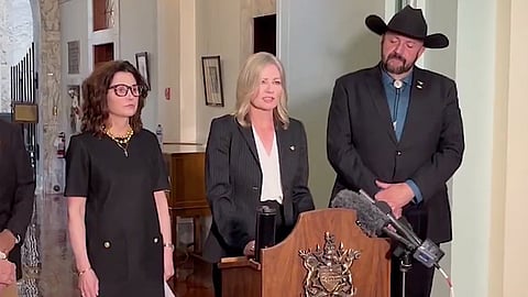 B.C. independent MLAs Dallas Brodie, Tara Armstrong and Jordan Kealy speak to media at the B.C. legislature. Brodie and Armstrong would later register themselves as the One B.C. party. 
