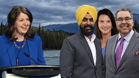 Premier Danielle Smith and newly elected Gurtej Singh Brar (NDP,) Tara Sawyer (UCP,) and NDP leader Naheed Nenshi