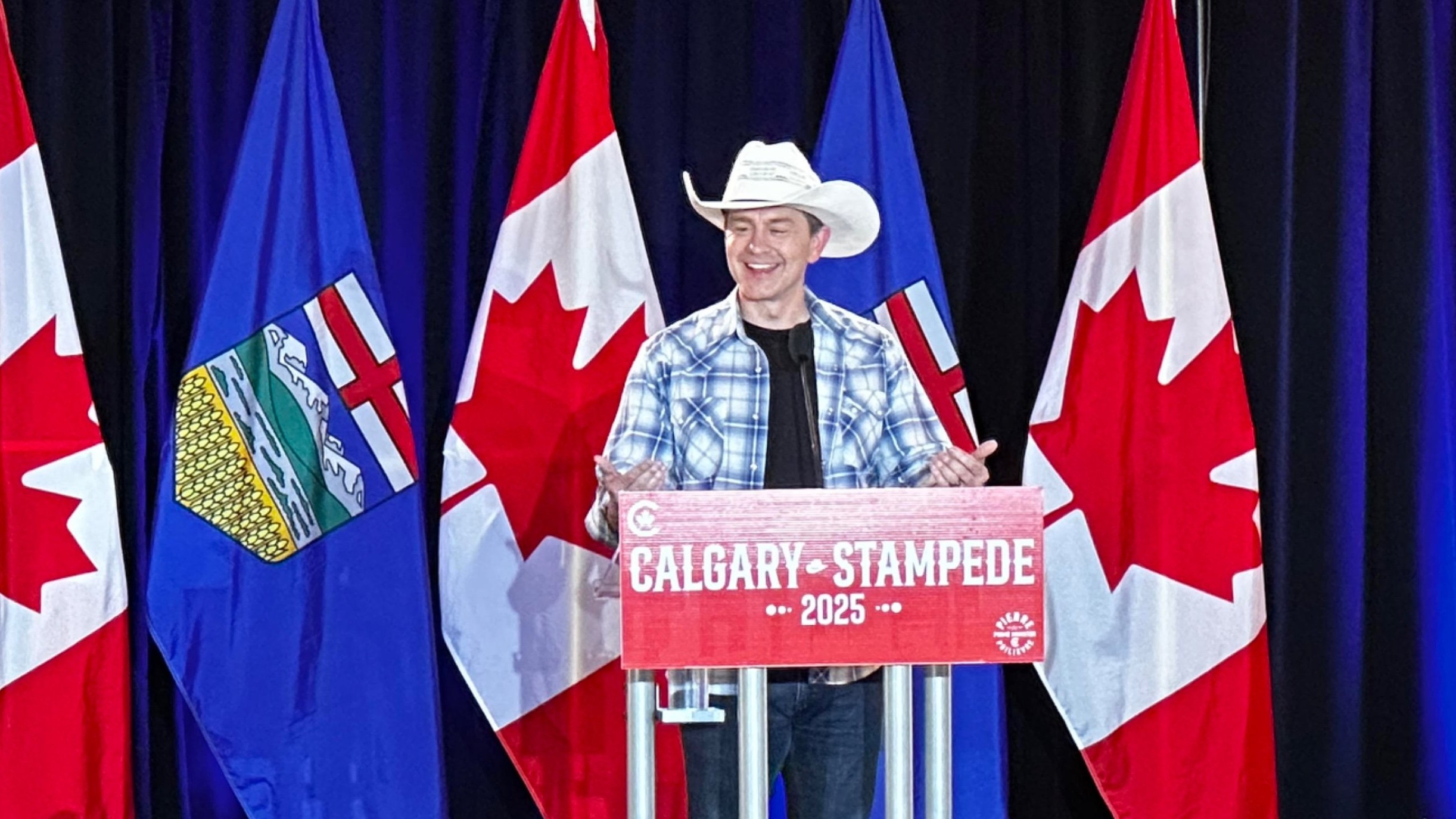 Pierre Poilievre speaking to supporters at the annual Conservative Party BBQ at Calgary's Heritage Park on July 5, 2025.