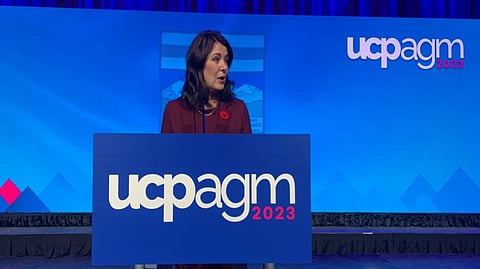 Danielle Smith at last year's mammoth UCP AGM. 