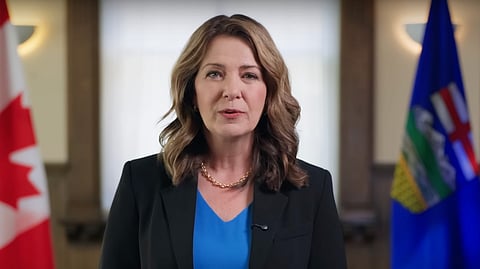 A photo showing Premier Danielle Smith talking about the Alberta Next Panel 