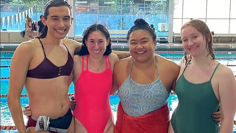 Transgender swimmer Meghan Cortez-Fields, left, with team at Ramapo College in New Jersey after breaking school record... 