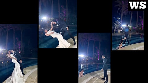 Bride pushed into pool, followed by groom