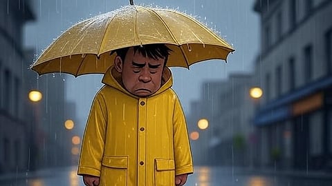 Sad man in rain