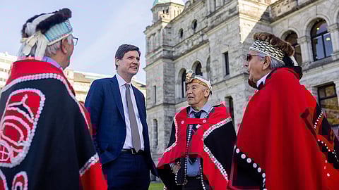 Premier David Eby meets with members of the Haida Nation for a ceremony at the B.C. legislature to mark the province’s unprecedented decision to unilaterally grant aboriginal title to the entire Haida Gwaii island group, April 23, 2024
