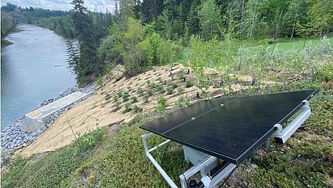 A solar-powered irrigation system at a riparian restoration site along the Elbow River in Calgary 