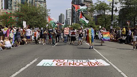 Anti-Israel demonstrators block the Vancouver Pride Parade
