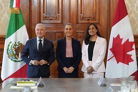 A photo showing Canada's Finance Minister Francois-Philippe Champagne (left), Foreign Affairs Minister Anita Anand (right), and the Mexico President, Claudia Shein (centre). 