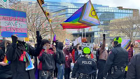 Counterprotestors recited chants such as “Trans rights are human rights” and “Love is love”