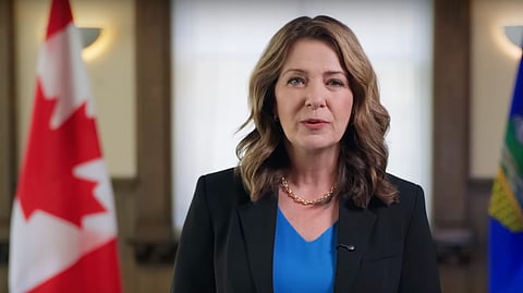 A photo showing Premier Danielle Smith talking about the Alberta Next Panel 