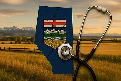 A stethoscope rests against a cracked silhouette of Alberta featuring the provincial coat of arms, set against a golden prairie landscape with distant mountains, symbolizing strain on Alberta’s healthcare system.