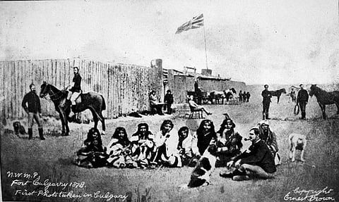 NWMP and members of the Blackfoot First Nation at Fort Calgary, 1878