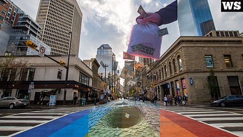 Rainbow flag on street, money vortex