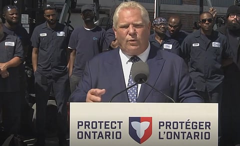 Ontario Premier Doug Ford speaks to reporters in Waterloo ON.