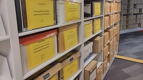 Investigation files from Project E-NIRS, some marked for use by the Truth and Reconciliation Commission, sit in the archives of the BC RCMP.