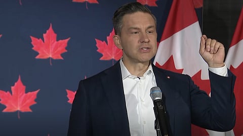 Poilievre speaks to reporters in Mississauga about proposed "Stand on Guard" legislation which would assume reasonable force in home invasion self-defense  