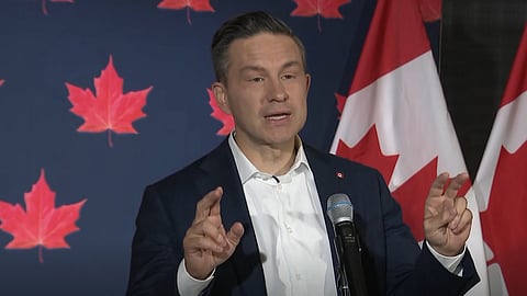 Poilievre speaking to reporters in Mississauga ON. 