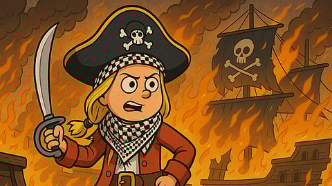 A stylized image of Greta Thunberg as a pirate on a burning ship