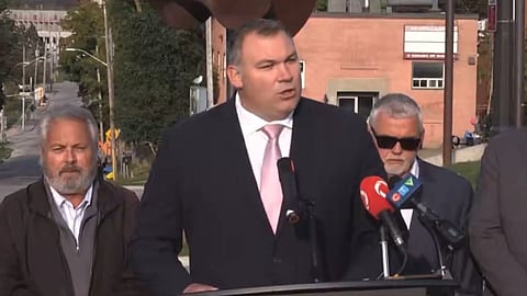 Barrie mayor Alex Nutall speaks to reporters