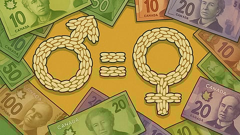 A stylized image of gender-equal rice covered in Canadian money