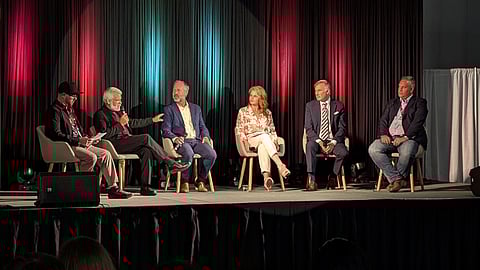 Facilitator Clyde Nichols, Dr. Robert Malone, Paul Allen, Michelle Ferreri, Maxime Bernier, Grant Abraham participated in a panel on sovereignty at We Unity's Reclaiming Canada Conference.