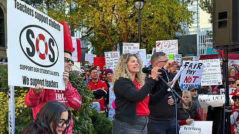 Alberta teachers rally at the McDougall Centre in Calgary on Oct. 5. 