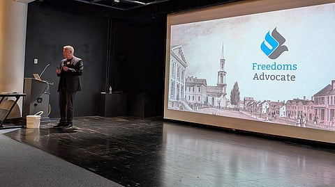 Randy Crosson, executive director of Freedoms Advocate, presents to the Regina Civic Awareness Action Network, Oct. 1, 2025