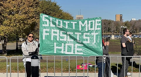 Protest sign at the Saskatchewan Legislature