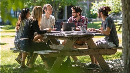 Researchers at a picnic table