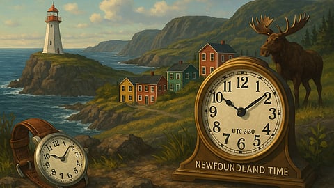 A stylized image containing many iconic elements of Newfoundland depicting Newfoundland's unique timezone