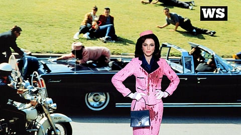 Julia Fox dressed as Jacqueline Kennedy Onassis,
Former First Lady of the United States, right after her husband's assassination
