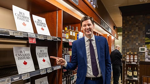 BC Premier David Eby announces he’s pulling US products from government liquor stores, March 2025