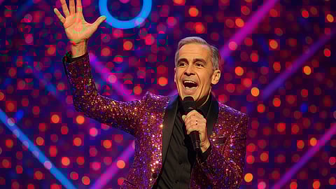 A stylized image of someone who looks like Prime Minister Mark Carney singing