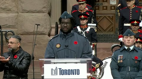 A land acknowledgment and remarks made about slavery have caused controversy at the Remembrance Day ceremony in Toronto. 