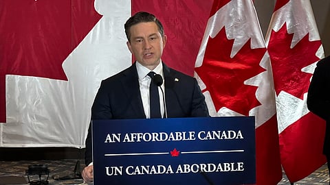 Pierre Poilievre at a press conference in Calgary on Wednesday.