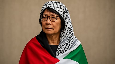 An AI image of a person with similar features to Olivia Chow wearing a keffiyeh and wrapped in the Palestinian flag