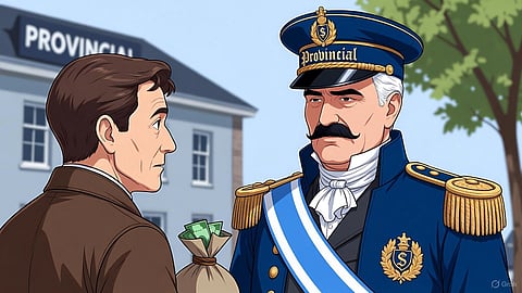 A provincial tax collector collecting tax money from a citizen. 