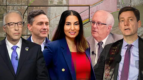 John Rustad, Pierre Poilievre, Niki Sharma, Malcolm Brodie, and David Eby