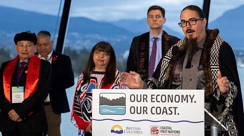 Haida Nation President Jason Alsop speaks at Premier David Eby's event in support of B.C.’s North Coast oil tanker ban in Vancouver Nov. 5, 2025. 