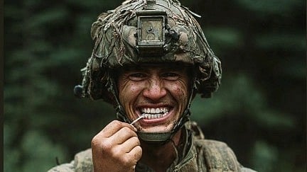 An AI image of a soldier flossing