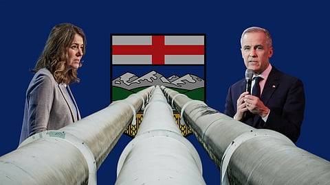 Premier Danielle Smith and Prime Minister Mark Carney facing off on either side of an oil pipeline. 