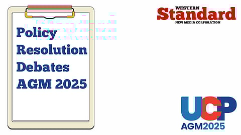 A clipboard labelled with the policy resolutions up for debate at the UCP AGM.