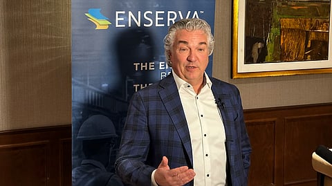 Randy Ollenberger, managing director at BMO Capital Markets talking to the media at the Petroleum Club in Calgary on Wednesday. 