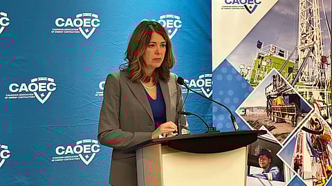 Premier Danielle Smith addressing the media at the Hyatt Regency in Calgary on Dec. 1. 