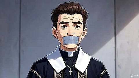Priest with mouth taped